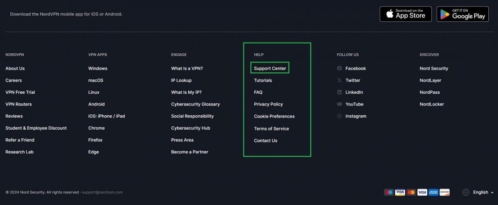 NordVPN support area