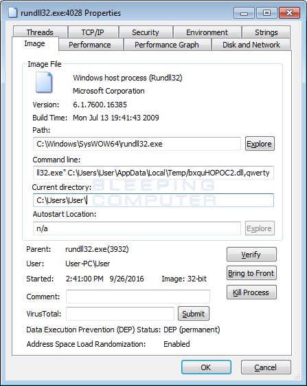 Rundll32 launching the Locky Installer