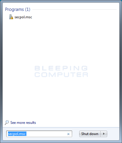 Start Menu Search for secpol.msc