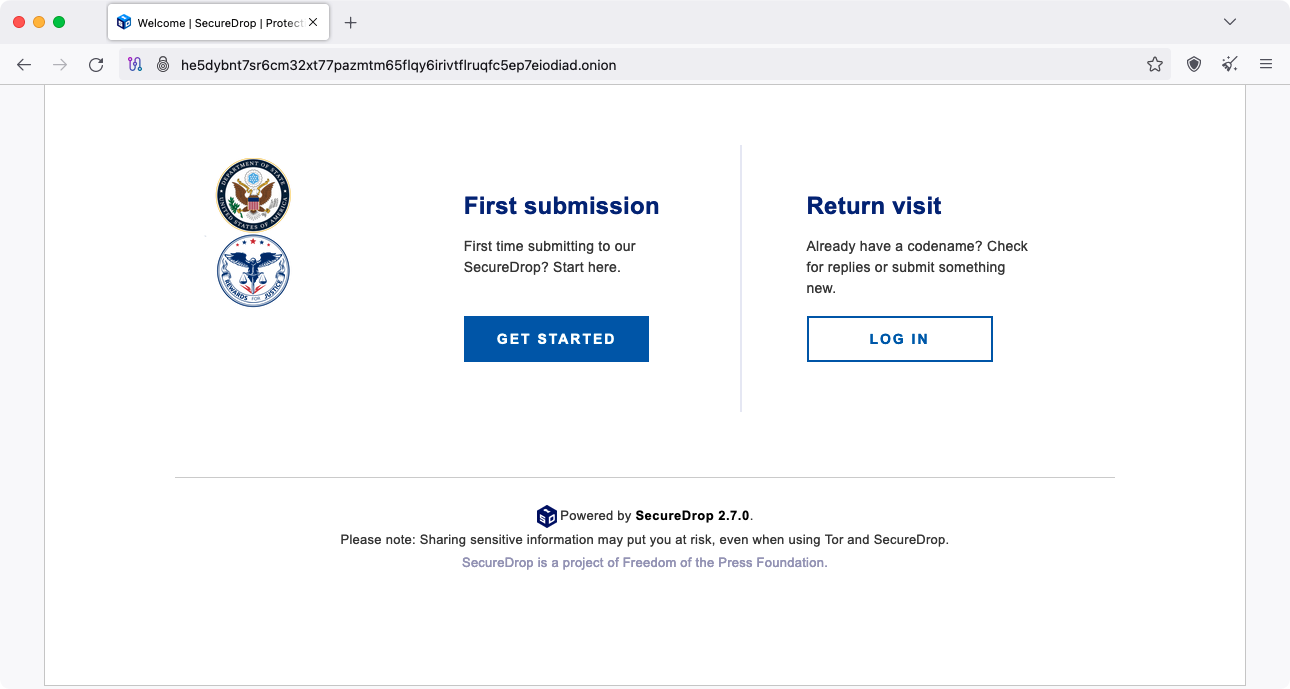 State Department Secure Drop Tor page